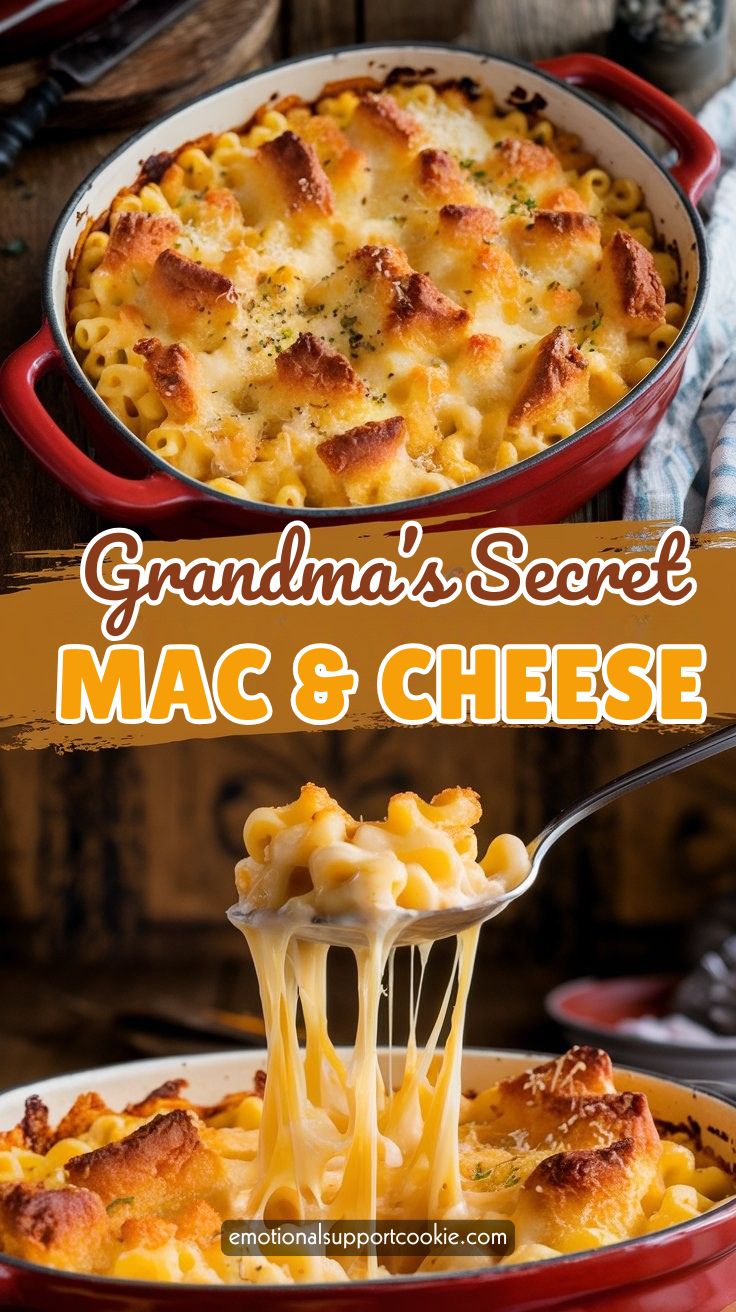 A dish of baked mac and cheese topped with crispy bread pieces in a red casserole dish. A spoon lifts a serving, revealing gooey, melted cheese. Text overlay reads Grandmas Secret Mac & Cheese. Website link at the bottom.