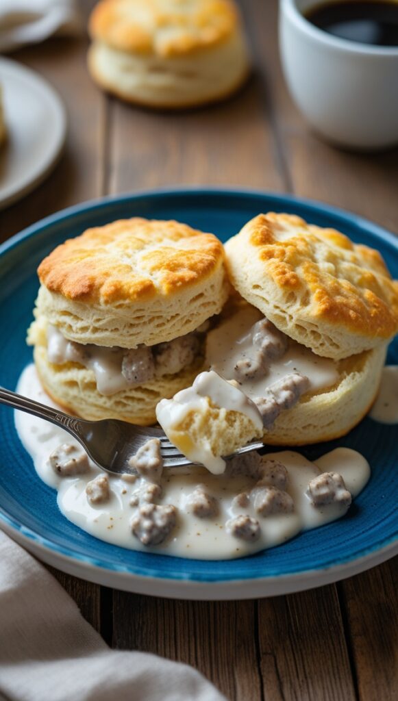Southern Biscuits and Gravy in a blue ceramic bowl