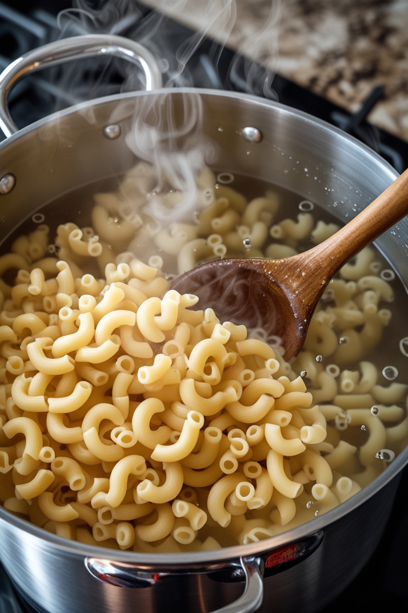 A close-up of elbow macaroni being cooked in boiling water inside a large stainless steel pot, destined for creamy mac and cheese. Steam rises as a wooden spoon stirs the pasta, while the stovetop burner glows in the background.