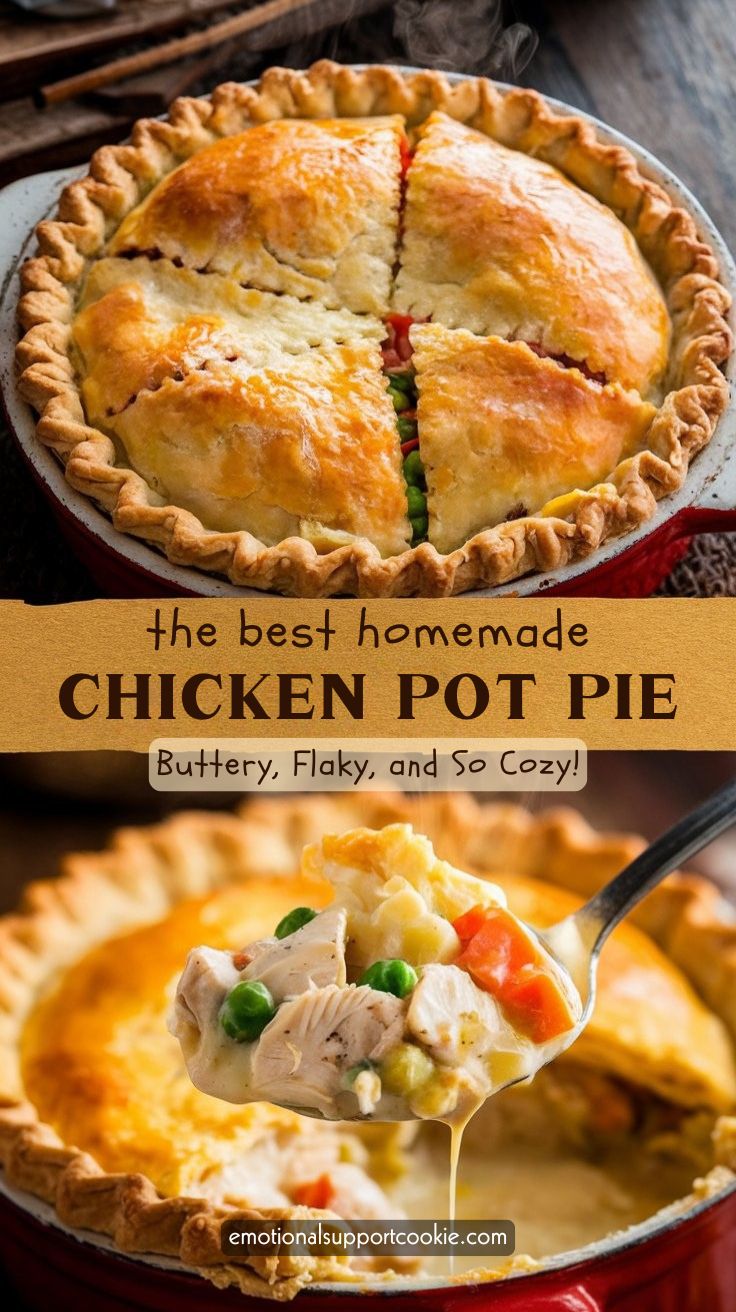 A golden, flaky chicken pot pie is sliced into four. A spoon lifts a portion, unveiling tender chicken, peas, and carrots in a creamy sauce. Text on the image reads: The best homemade chicken pot pie: Buttery, Flaky, and So Cozy!.