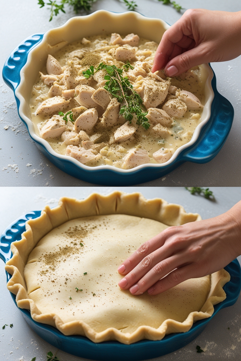 Top image: A persons hand sprinkling seasonings over diced chicken and herbs in a pie crust inside a blue dish. Bottom image: Hands expertly sealing the edges of a top crust over the filled delight, crafting a perfect chicken pot pie, with herbs scattered artfully around the dish.