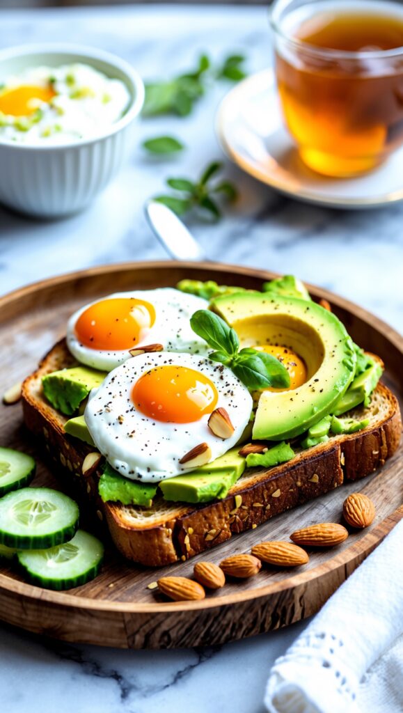 egg and avocado toast on a wooden plate