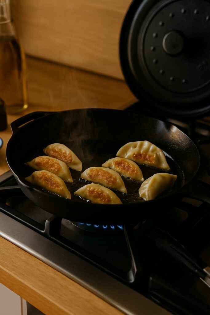 frying the dumplings in a pan Gyoza
