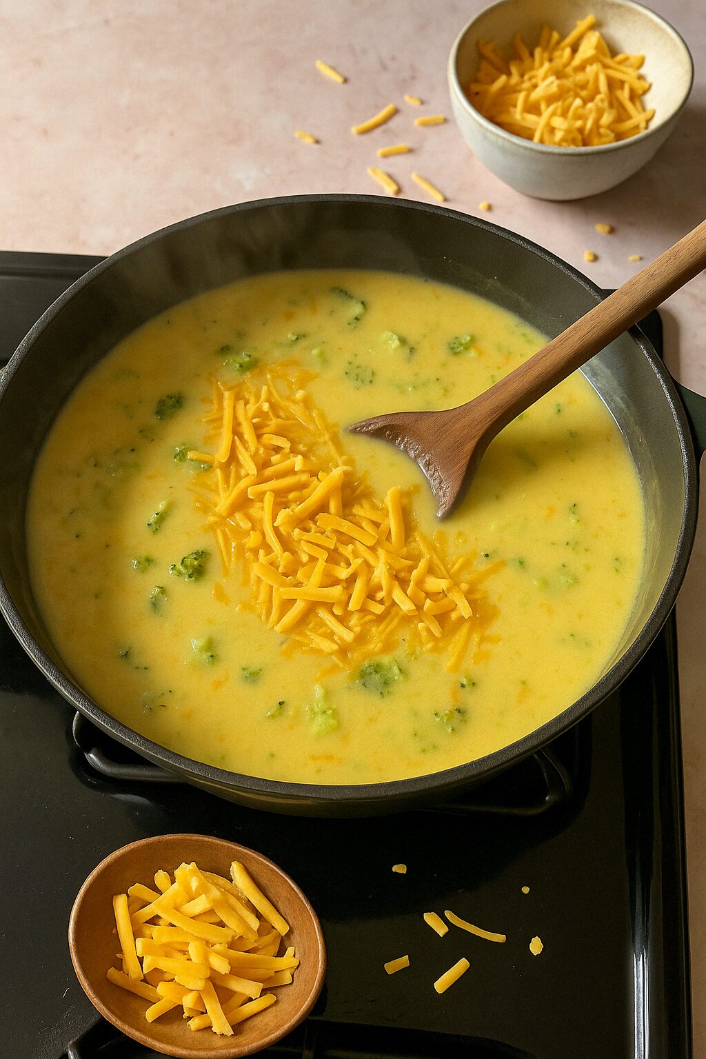 Stir in the cheese
 Add in the cheddar and stir until melted and creamy. Taste and adjust the seasoning.