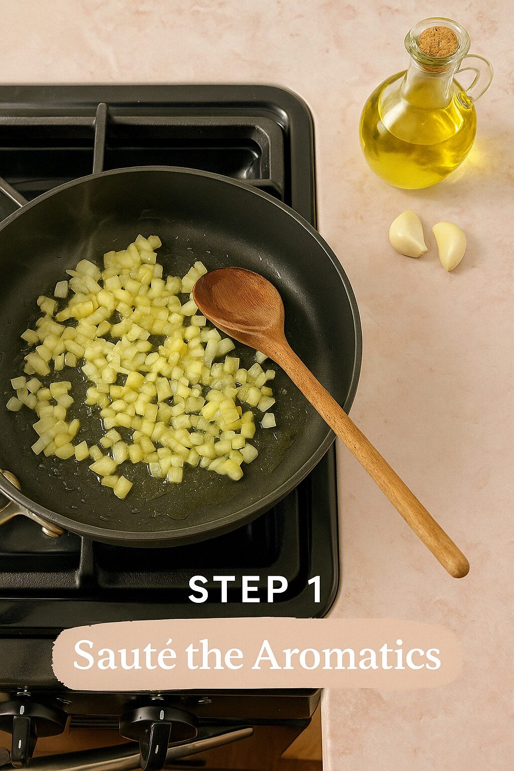 Warm the olive oil in a large pot over medium heat. Add the onion and cook for about 5 minutes, until softened.

Stir in the garlic and cook for another 30 seconds until fragrant.